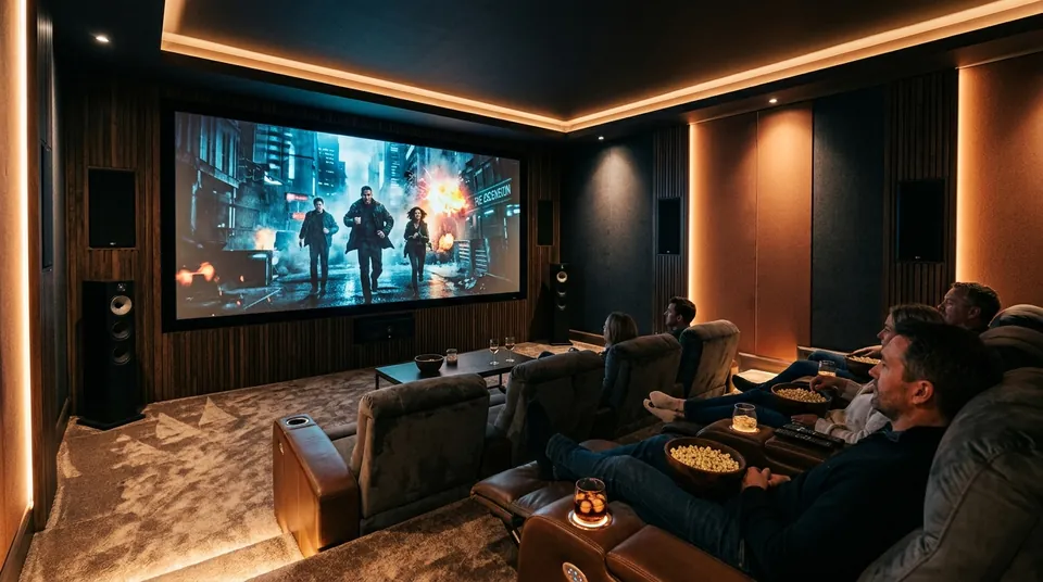 Sala de cine en casa disfrutando de películas y series 4K en castellano